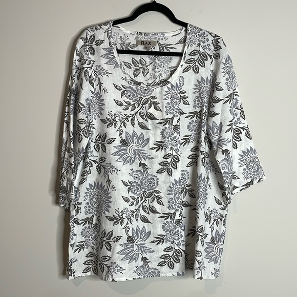 FLAX | Women’s Grey 100% Linen Floral Top Size Medium 3/4 Sleeve - Picture 1 of 6